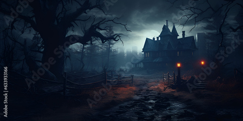 Halloween night scene with castle, Witch castle and dried tree in the middle of the dark forest with moonlight