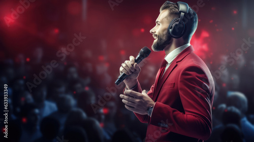  Motivational speaker with headset performing on stage
