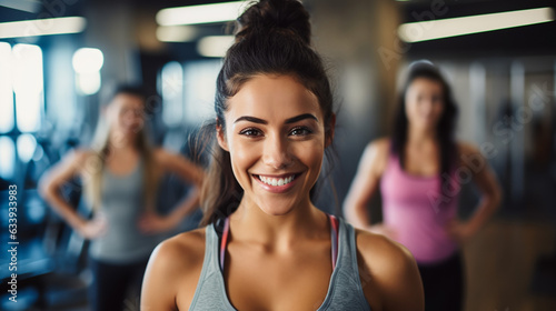a young woman with a radiant smile, standing confidently in a well-equipped gym. She is wearing stylish workout attire, showcasing her dedication to fitness.