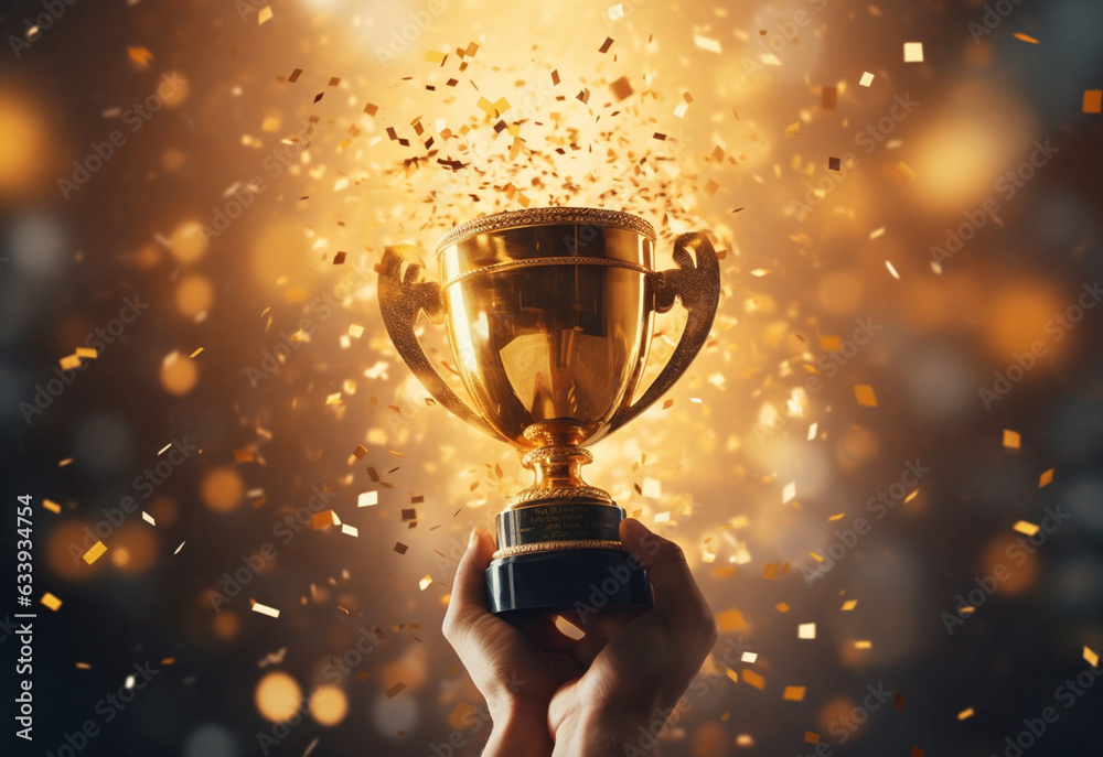 Hand holding gold trophy cup with confetti. celebrating with trophy award for success realistic image, ultra hd, high design very detailed Hand holding gold trophy cup with confetti. celebrating with trophy award for success realistic image, ultra hd, high design very detailed