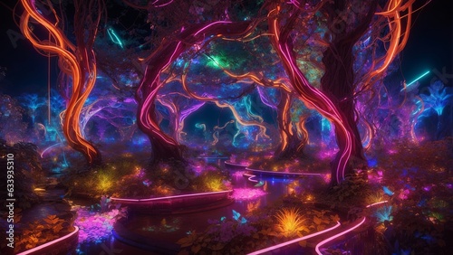 Enchanting mystical forest at night. Glowing neon lights and silhouette trees create fairy-tale ambiance with fog. Generative AI