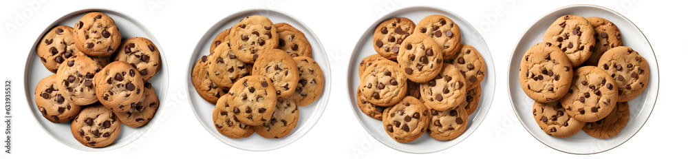 chocolate chip cookies on white plate, top view with transparent background, Generative AI