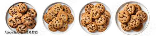 chocolate chip cookies on white plate, top view with transparent background, Generative AI