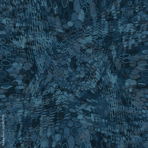 Blue denim halftones hexagon snake skin. Seamless geometric vector texture