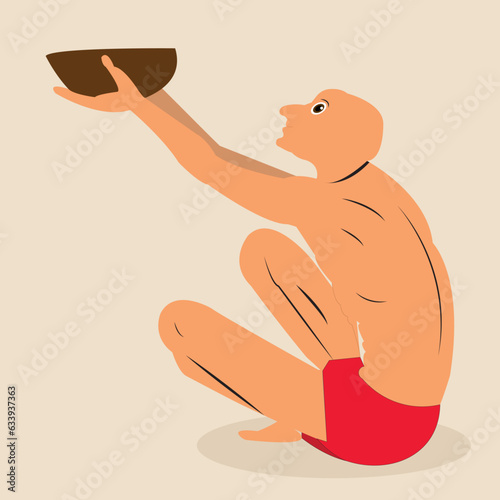 Vector illustration of beggar sitting on floor with a bowl in his hand, begging.
