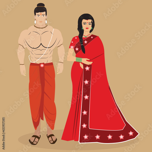 Vector illustration of Brahmin Hindu couple wearing traditional clothes, woman in saree and man in dhoti.
