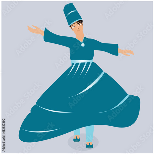 Vector illustration of man doing dervish whirling dance wearing traditional dress.
