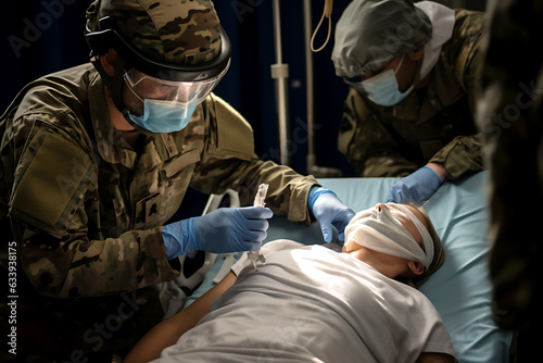 A military doctor provides first aid to a wounded patient