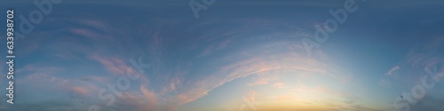 Sunset sky panorama with bright glowing pink Cirrus clouds. Seamless hdr 360 panorama in spherical equirectangular format. Full zenith for 3D visualization, sky replacement for aerial drone panoramas © panophotograph
