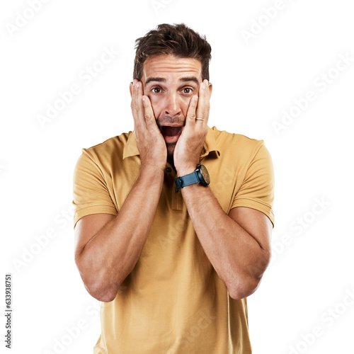 Portrait, shocked and man with announcement, gossip and model isolated on a transparent background. Face, person and guy with surprise, wow and secret with png, information and fake news with emoji photo