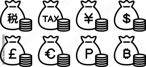 お金の袋とコインのアイコン（税金・円・ドル・ユーロ・ポンド・ビットコイン・ポイント）, money bag icon (TAX, yen, dollar, euro, pound, bitcoin, point)