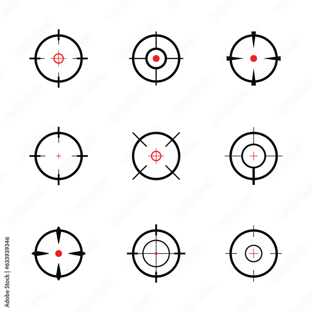 Target or Aim icon set icons in black and red color cross hair icons
