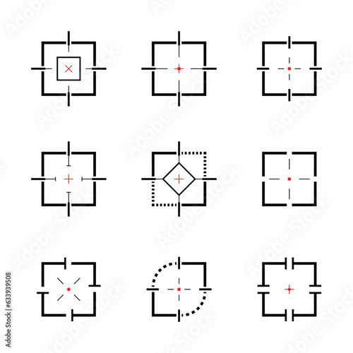 Square Style Cross Hair, Target or Aim icon set in black and red color cross hair icons