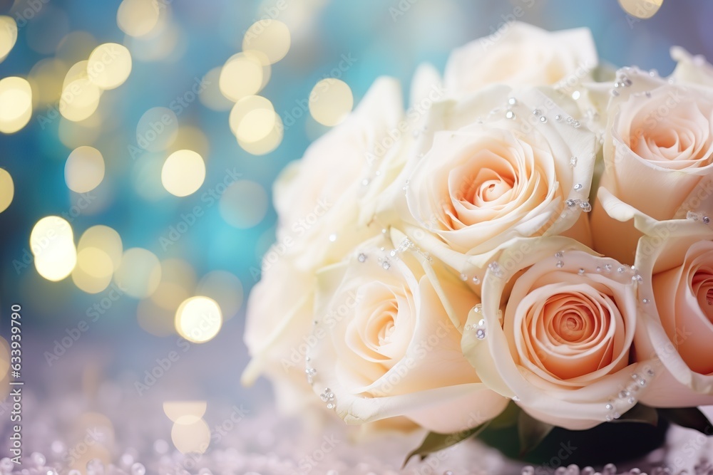 White roses bouquet and pearls on abstract blur pastel background. Wedding flowers and bright bokeh glitter backdrop White roses bouquet and pearls on abstract blur pastel background. Wedding flowers and bright bokeh glitter backdrop