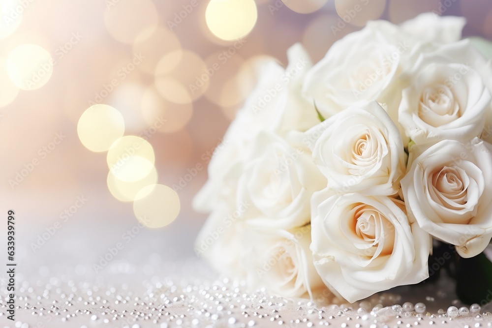 White roses bouquet and pearls on abstract blur pastel background. Wedding flowers and bright bokeh glitter backdrop White roses bouquet and pearls on abstract blur pastel background. Wedding flowers and bright bokeh glitter backdrop