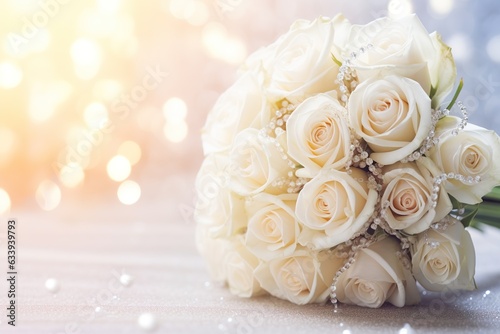 White roses bouquet and pearls on abstract blur pastel background. Wedding flowers and bright bokeh glitter backdrop