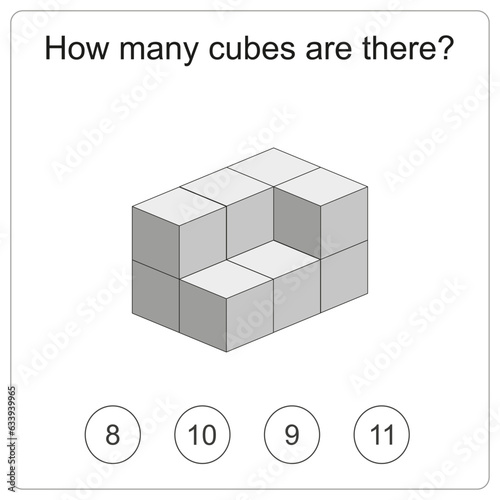 How many cubes are there brain test. Education logic game for preschool kids. Kids activity sheet. Count the number of cubes. Children funny riddle entertainment. Black and white Vector illustration photo