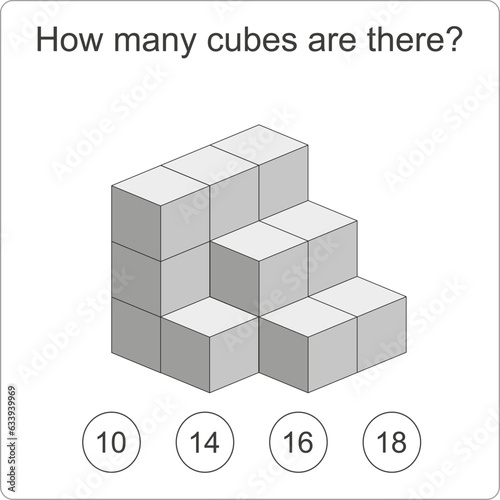 How many cubes are there brain test. Education logic game for preschool kids. Kids activity sheet. Count the number of cubes. Children funny riddle entertainment. Black and white Vector illustration
