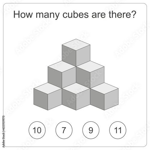 How many cubes are there brain test. Education logic game for preschool kids. Kids activity sheet. Count the number of cubes. Children funny riddle entertainment. Black and white Vector illustration