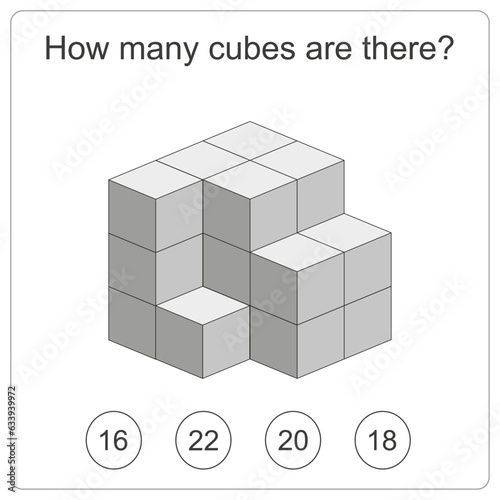 How many cubes are there brain test. Education logic game for preschool kids. Kids activity sheet. Count the number of cubes. Children funny riddle entertainment. Black and white Vector illustration