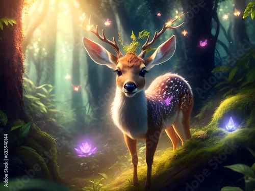 Obraz słodki jeleń w lesie, wygenerowane przez sztuczną inteligencję