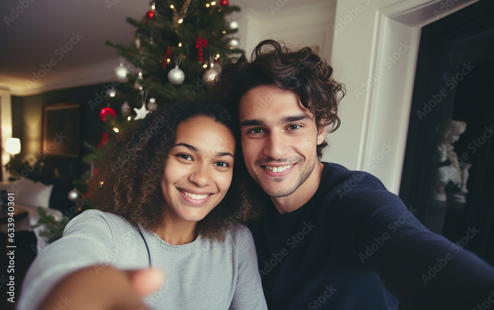 Multiracial young couple or family taking selfies on Christmas at home in modern apartment Multiracial young couple or family taking selfies on Christmas at home in modern apartment