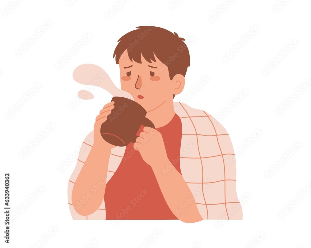 Young Man Drinking Coffee, Male Character Having Hot Drink Cartoon Style Vector Illustration