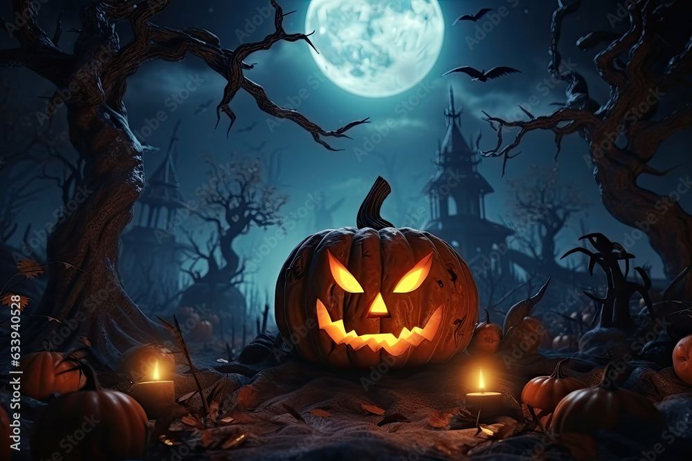 Halloween festive background for invitation card party with pumpkins Jack O lantern, spooky forest at night, bat, spiders and moon, Ghost day festival concept, with Generative Ai.