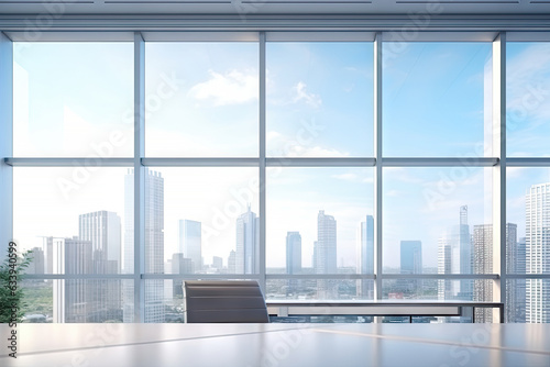 Blurred Office interior room background with modern design in working hours, indoor building of workplace of workspace, panoramic view through glass windows, with Generative Ai.