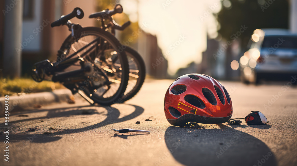 Naklejka premium Close - up photo, of a little kid bicycling helmet fallen on the asphalt next to a kid's bicycle after car accident on the street in the city