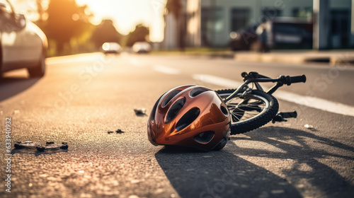 Close - up photo, of a kid bicycling helmet fallen on the asphalt next to a kid's bicycle after car accident on the street in the city  photo