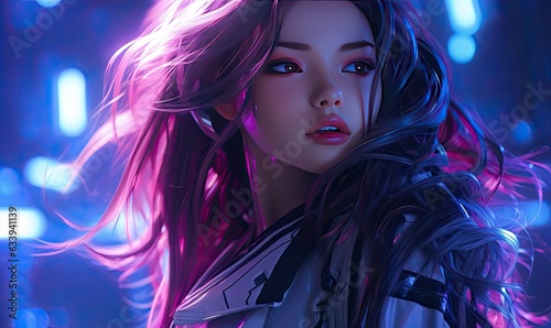 A striking depiction of a young cyberpunk girl in portrait form. © uhdenis