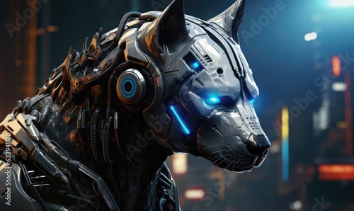 Witness the formidable presence of a cybernetically enhanced cyborg hyena.