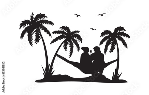 elderly couple in love sitting on a hammock and palm trees vector silhouette