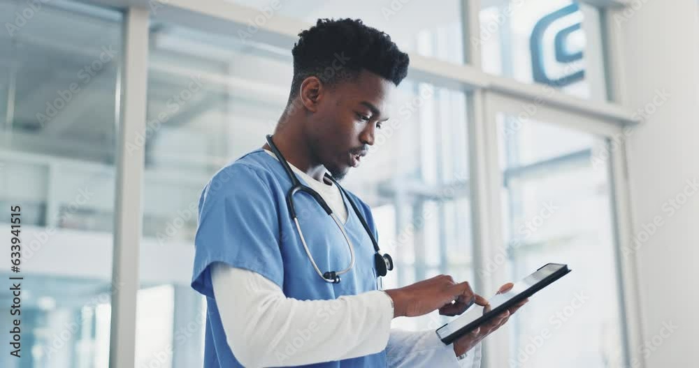 Doctor, man and tablet for healthcare service, online charts and clinic information, internet scroll or ADN research. African nurse or medical professional on digital technology for hospital schedule