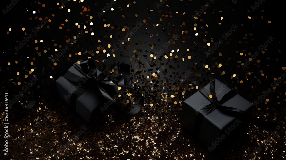 Black Friday sale with black and gold glitter background. Gift boxes and Christmas magic. Black Friday sale with black and gold glitter background. Gift boxes and Christmas magic.