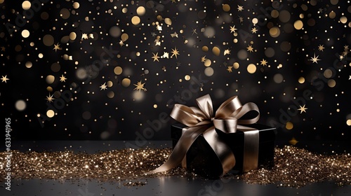 Glittering black and gold background for Black Friday. Christmas sale with gift boxes.