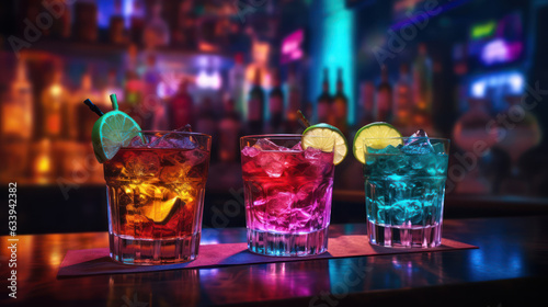 Stampa su tela Neon colorful cocktails in a cyberpunk bar