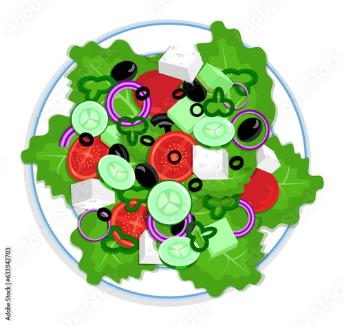 Healthy Greek Salad with Feta and Olives on a Plate (Top-Front View) 