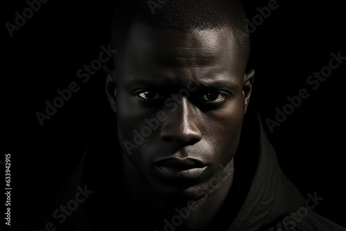 Headshot frowning afro american man in black hoodie looking at camera