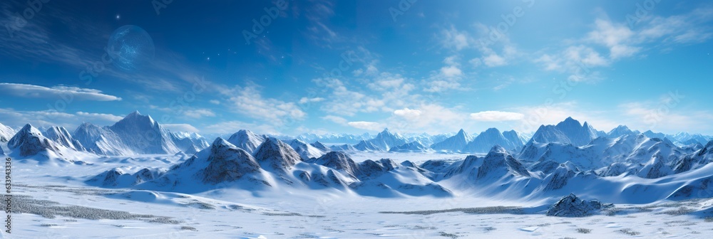 vast desolated snow land, big mountains in the background, snowfall with light blue sky and light blue colors, peaceful atmosphere, AI Generative vast desolated snow land, big mountains in the background, snowfall with light blue sky and light blue colors, peaceful atmosphere, AI Generative