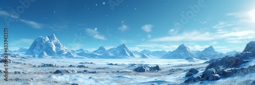 vast desolated snow land, big mountains in the background, snowfall with light blue sky and light blue colors, peaceful atmosphere, AI Generative
