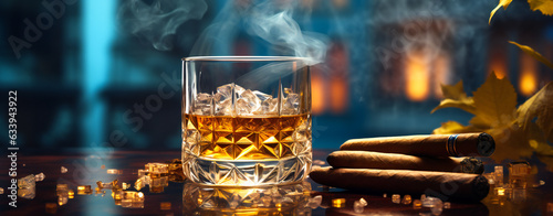 A glass of whiskey or bourbon with a cigar near it