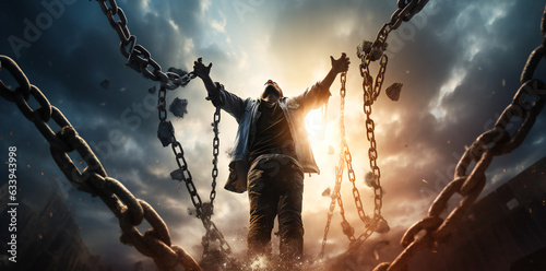 A man breaking his chains. Concept of breaking free of constrains, liberation and freedom.