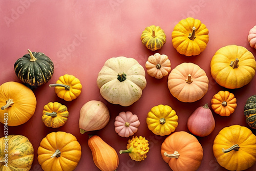 Mix of different pumpkins on pastel pink background