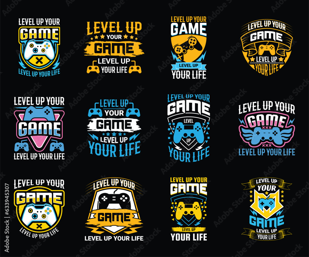Naklejka premium Vintage gaming t shirt design mega bundle template with creative motivation quote and vector shape