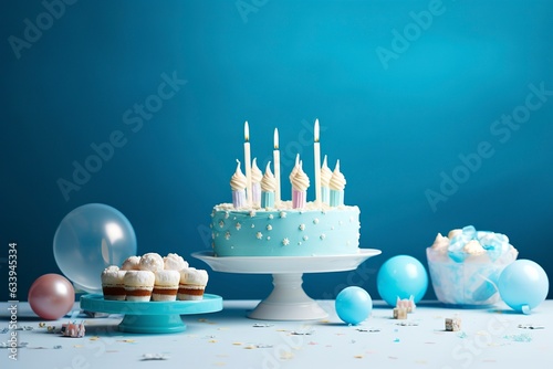 Birthday cake with candles and sweets on white table near blue wall. Generative AI