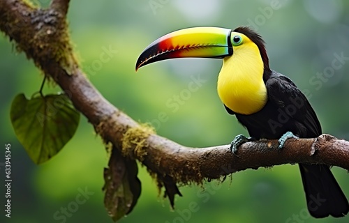 Chesnut mandibled Toucan sitting on the branch in tropical rain with a green jungle. Generative AI
