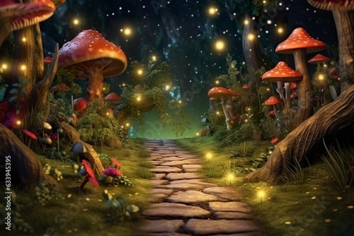 background fairy wood with a single path  zoom on a small portion of the path and add trees  moss  fireflies and mushrooms as additional decorations. AI Generative