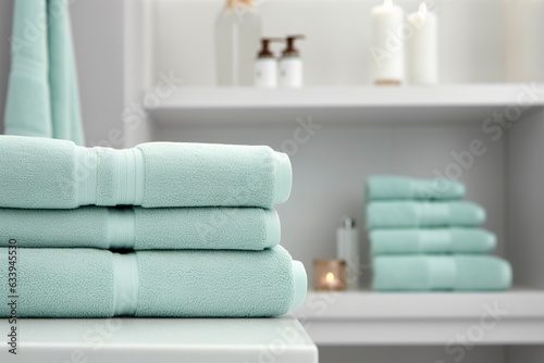 The world's softest towels against a minimalistic background. Stacked white towels sit on top of a soap dish in a bathroom. 